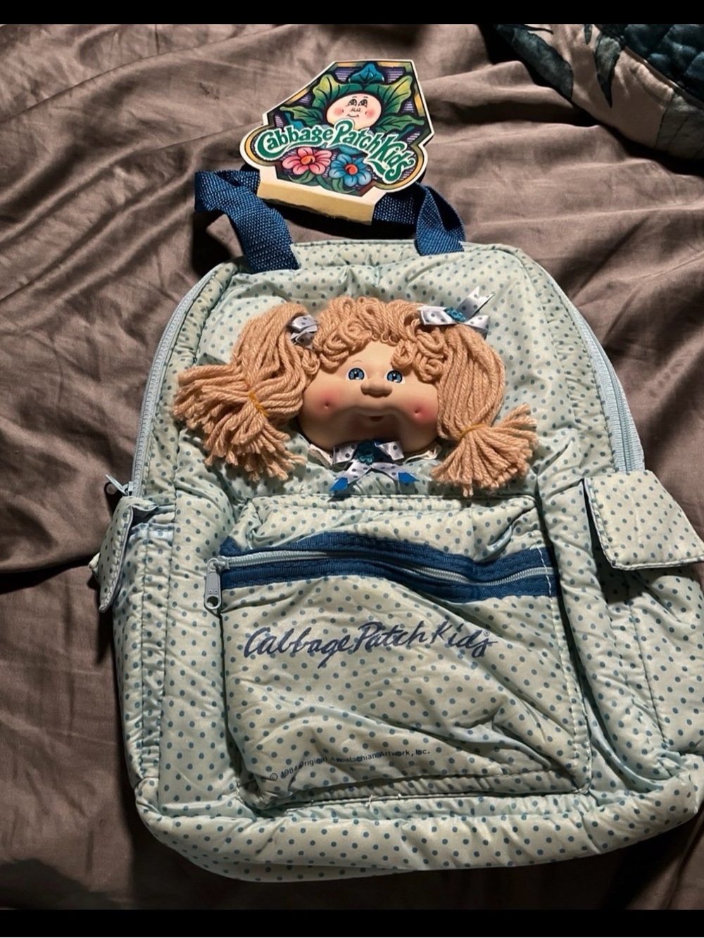 1984 Cabbage Patch Kids Light Blue Polka Dot Doll Backpack